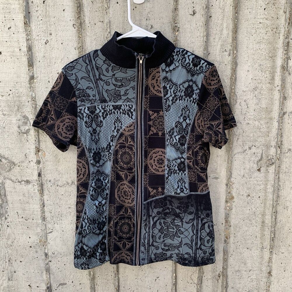 Vintage Vanilla Sugar Short Sleeve Full Zip Top Lace Y2K Artsy Boho Patchwork L